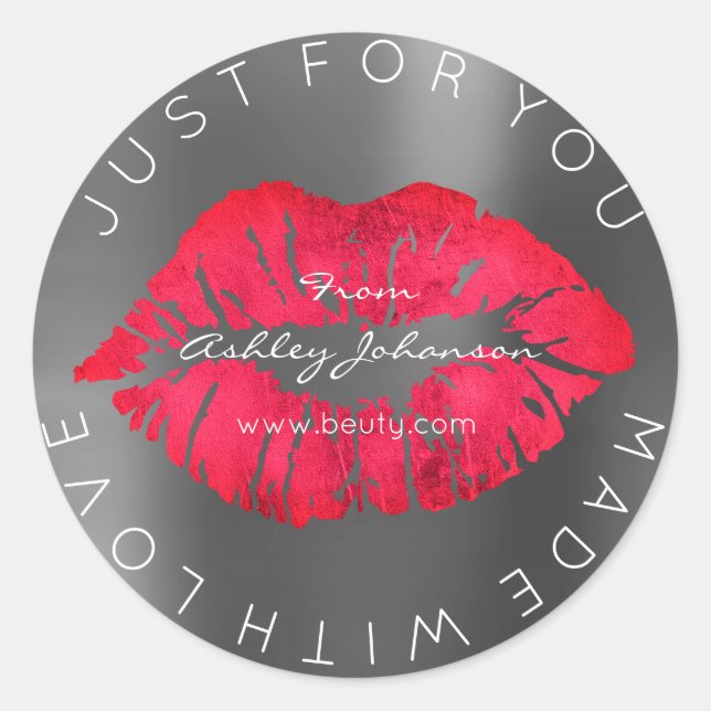 Aus Liebe mit rotem Lipstick, grau Makeup Lippen Runder Aufkleber (Vorderseite)