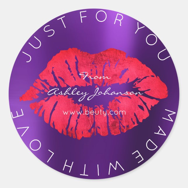 Aus Liebe mit rotem Lipstick, Lila Makeup Lippen Runder Aufkleber (Vorderseite)