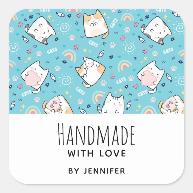 Aus Liebe Niedlich Kitty Cat Muster whimsical Quadratischer Aufkleber (Vorderseite)
