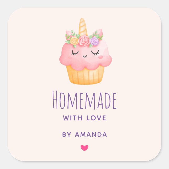 Aus Liebe Pink Cupcake Unicorn mit Rose Quadratischer Aufkleber (Vorderseite)