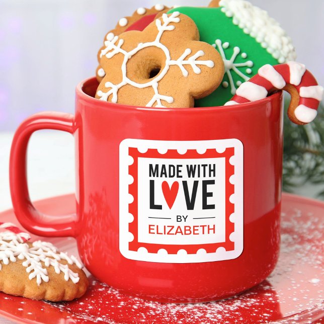 Aus Liebe Quadratischer Aufkleber (A cute made with love sticker in with a stamp border. Personalize with your name)