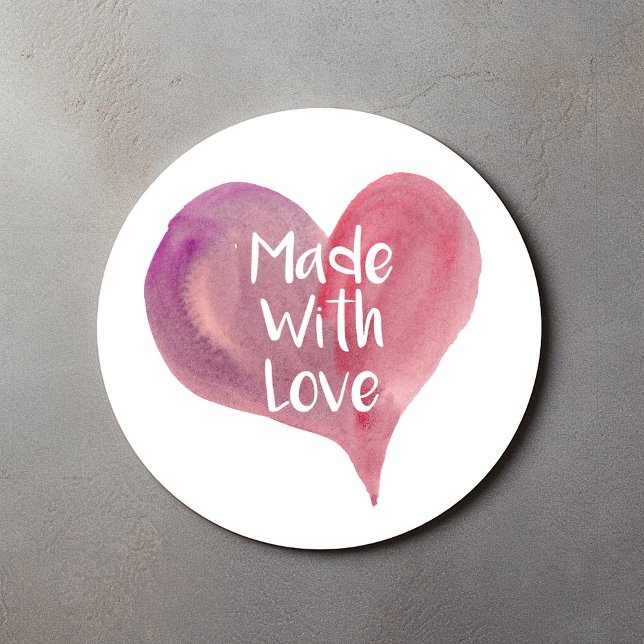 Aus Liebe, Runder Aufkleber (Stylish watercolor pink heart "Made with love" fun text sticker)
