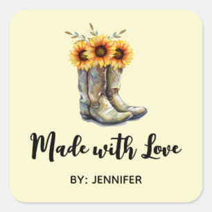 Aus Liebe Rustikale Cowboy Stiefel mit Sonnenblume Quadratischer Aufkleber