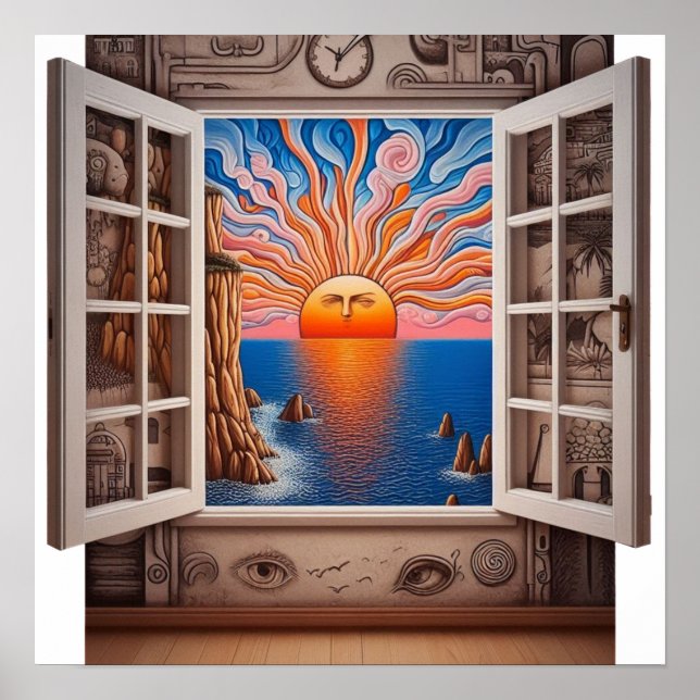 Aus meinem Fenster: Sonnenuntergang und Klippe Poster (Vorne)