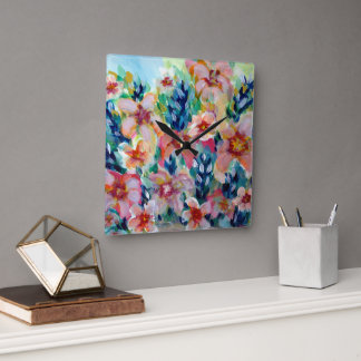 Ausdrucksvolle farbenfrohe Blumenuhr vollständig a Quadratische Wanduhr