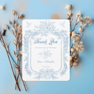 Ausgefallener staubblauer Barockrahmen-Babyshower Dankeskarte