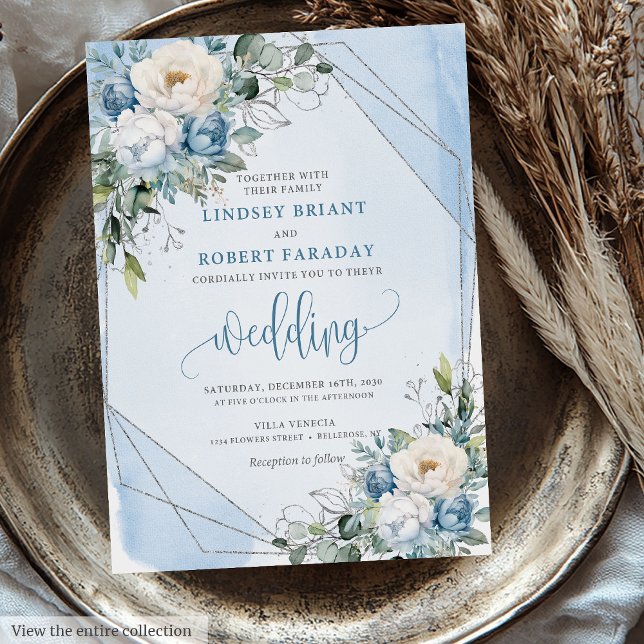 Ausgeklügelte Dusty Blue White Silver Rose laden e Einladung (Sophisticated Dusty Blue White Silver Roses Wedding Invitation)