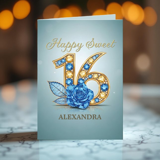 Ausgeklügeltes Blue Rose Gold Gemstone Sweet 16 Karte (Von Creator hochgeladen)