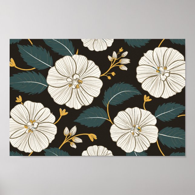 Ausgeklügeltes Blumenmuster mit weißen Blüten Poster (Vorne)