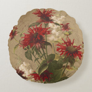 Ausgeklügeltes Rot & Burgund-Blüte gegen Beige Rundes Kissen
