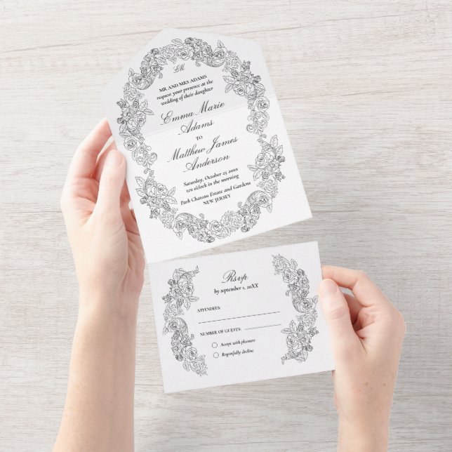 Ausgereifte klassische Script Black & White Weddin All In One Einladung (Abreißen)