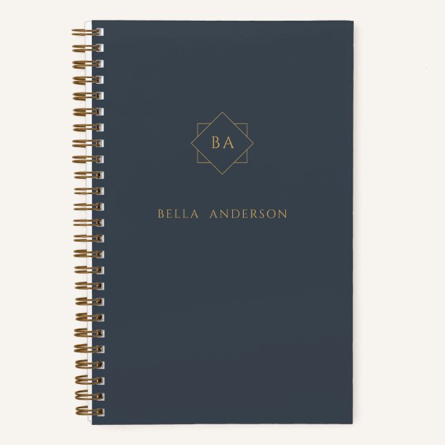 Ausgereifte Navy Blue & Gold Initial Monogram Notizbuch (Vorderseite)