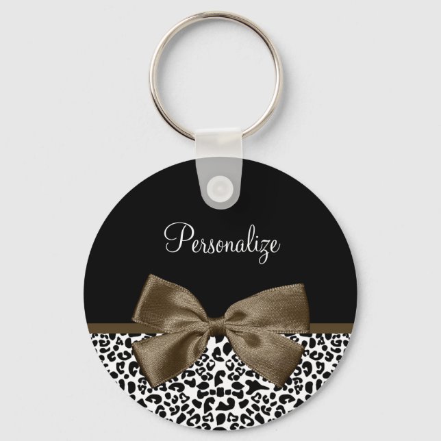 Ausgereifter Leopard Print Brown Bow mit Namen Schlüsselanhänger (Vorderseite)