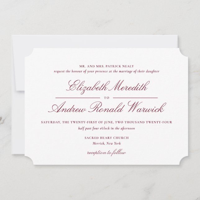Ausgereiftes Burgundy Red and White Lace Script Einladung (Vorderseite)