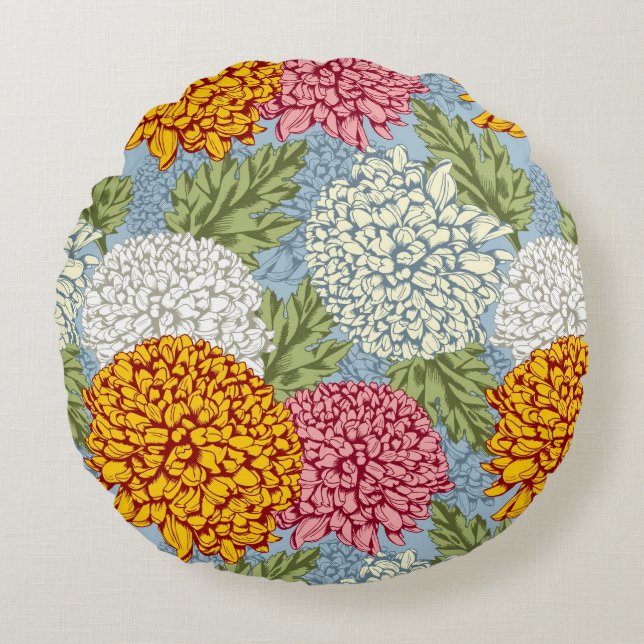 Ausgezeichnetes Muster mit Chrysanthemen Rundes Kissen (Vorderseite)