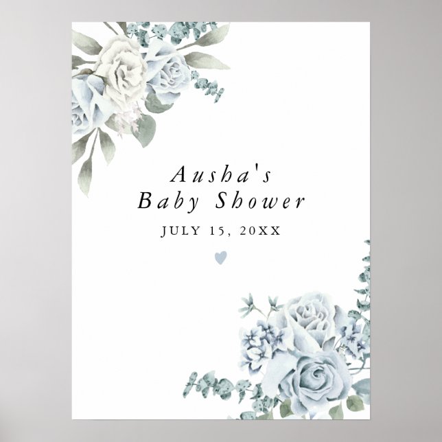 AUSHA Dusty Blue Floral Boy Baby Dusche Willkommen Poster (Vorne)