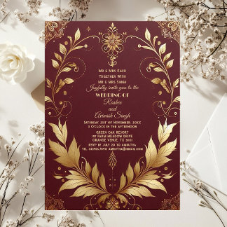 Auspicious Gold Ornate Maroon Leafy Swirls Indian Einladung