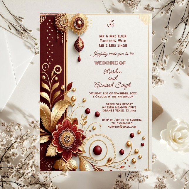 Auspicious Gold Verziert Maroon Floral Motifs indi Einladung (Auspicious Gold Ornate Maroon Floral Motifs Indian Invitation)
