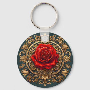 Ausschmückende rote Rose mit goldenem Barockrahmen Schlüsselanhänger
