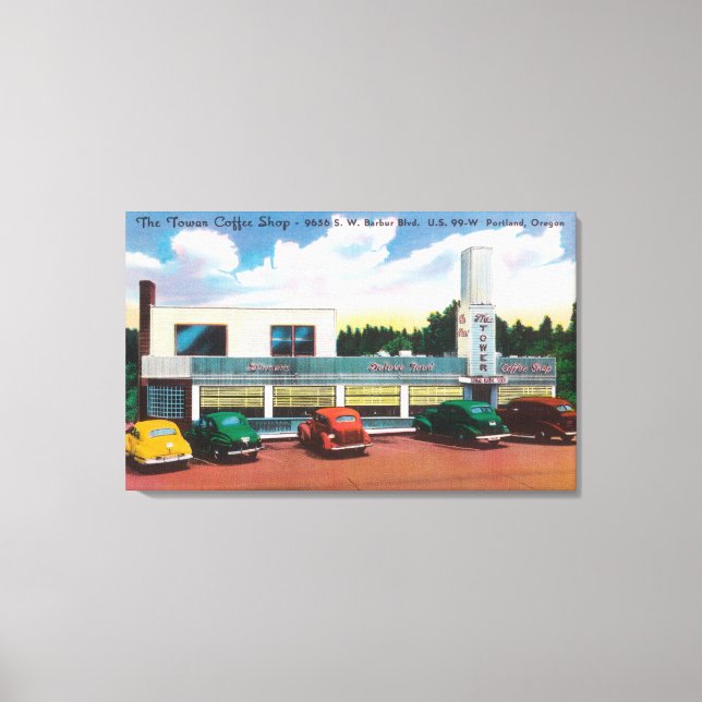 Außenansicht des Tower Coffee Shop Leinwanddruck (Vorderseite)