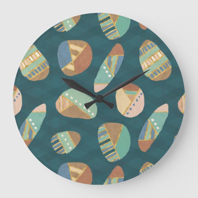 Außengeo XII | Blaues und grünes geometrisches Mus Große Wanduhr (Vorderseite)