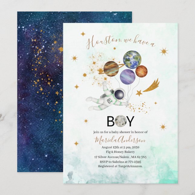 Außenraum Galaxie Starry Babydusche Wasserfarbe Einladung (Vorne/Hinten)