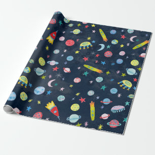 Außenraum UFO Planets Rocket Muster Wasserfarbe Geschenkpapier