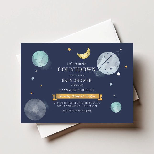 Außenraum Wasserfarben Galaxy Babydusche Mitteilungskarte (Outer Space Navy Blue Mini Baby Shower Invitation)