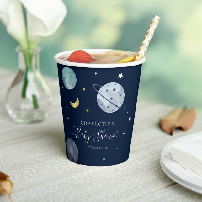 Äußerer Space Navy Blue Modern Baby Dusche Pappbecher (In Situ)