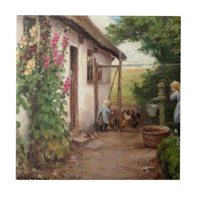 Außerhalb des Bauernhauses - H.A. Brendekilde Fliese (Vorderseite)
