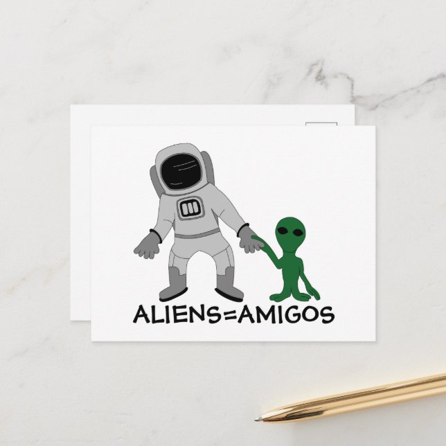 Außerirdischen = Freunde, Astronaut und außerirdis Postkarte (Vorderseite/Rückseite Beispiel)