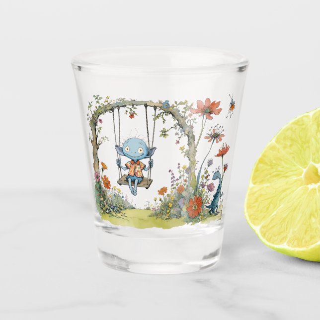 Außerirdischen im Garten mit Wildblumen Schnapsglas (Vorderseite)