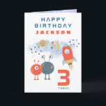 Außerirdischen Raumzeitalter 3 Geburtstagsraum Wei Karte<br><div class="desc">Senden Sie einen 3 Jahre alten Fan von Weltraum Geburtstagswünsche mit diesem Raumschiff,  niedliche Alien-Charaktere und Mond und Sterne Design auf einem weißen Hintergrund. Personalisieren Sie den Text einfach nach Ihren eigenen Anforderungen.</div>