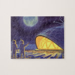 Außerirdischen zur Vintagen Science Fiction auf de<br><div class="desc">Vintage Illustration futuristische Science Fiction Außerirdischen und Roboter im Weltraumbild. Ein klassisches Comic-Buch-Design mit freundlichen Alien-Astronauten auf einem fremden Planeten oder Mond auf einer Raumstation,  die auf der Erde herauf und winkt. Sterne funkeln am Nachthimmel.</div>