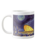 Außerirdischen zur Vintagen Science Fiction auf de Jumbo-Tasse<br><div class="desc">Vintage Illustration futuristische Science Fiction Außerirdischen und Roboter im Weltraumbild. Ein klassisches Comic-Buch-Design mit freundlichen Alien-Astronauten auf einem fremden Planeten oder Mond auf einer Raumstation,  die auf der Erde herauf und winkt. Sterne funkeln am Nachthimmel.</div>