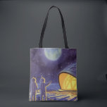 Außerirdischen zur Vintagen Science Fiction auf de Tasche<br><div class="desc">Vintage Illustration futuristische Science Fiction Außerirdischen und Roboter im Weltraumbild. Ein klassisches Comic-Buch-Design mit freundlichen Alien-Astronauten auf einem fremden Planeten oder Mond auf einer Raumstation, die auf der Erde herauf und winkt. Sterne funkeln am Nachthimmel.</div>