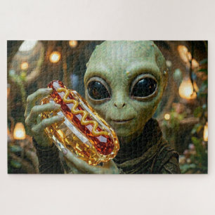 Außerirdischer Alien mit kristallinem Hotdog