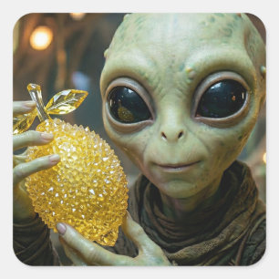 Außerirdischer Alien und kristalliner Zitrone   Quadratischer Aufkleber