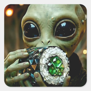 Außerirdischer Alien und kristallines Sushi Quadratischer Aufkleber