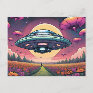 Außerirdischer Planet Fliegende UFO Über Blumenfel Postkarte