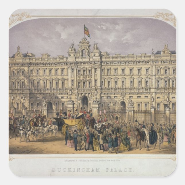 Aussicht auf den Buckingham Palace mit einer Mensc Quadratischer Aufkleber (Vorderseite)