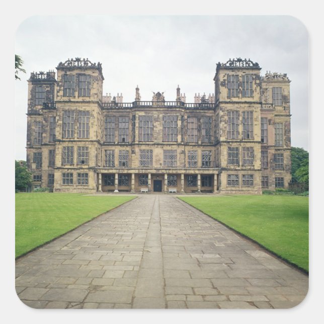 Aussicht auf die Hardwick Hall Quadratischer Aufkleber (Vorderseite)