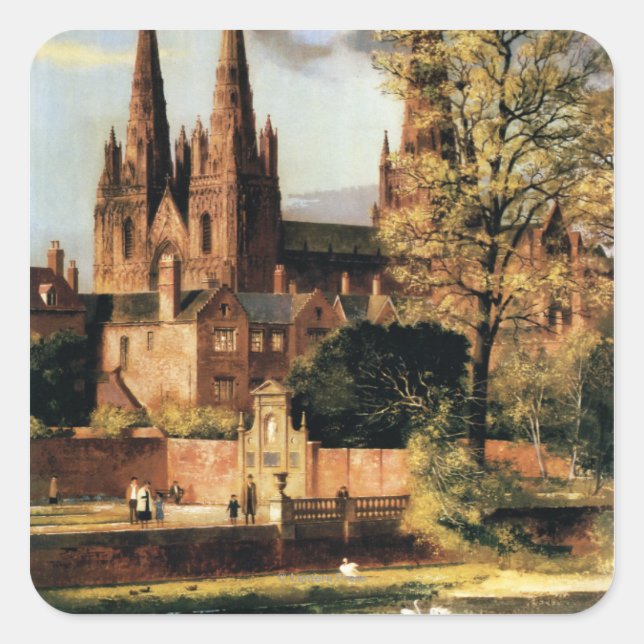 Aussicht auf die Lichfield-Kathedrale Quadratischer Aufkleber (Vorderseite)