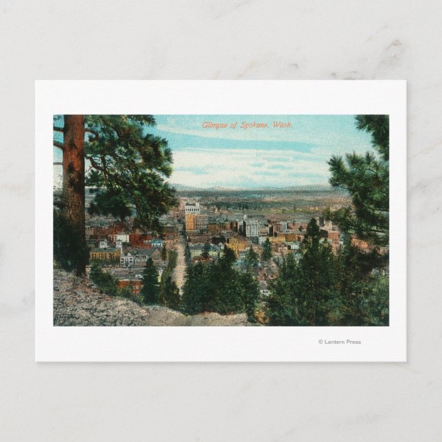 Aussicht auf die Stadt durch die Bäume Postkarte (Vorderseite)