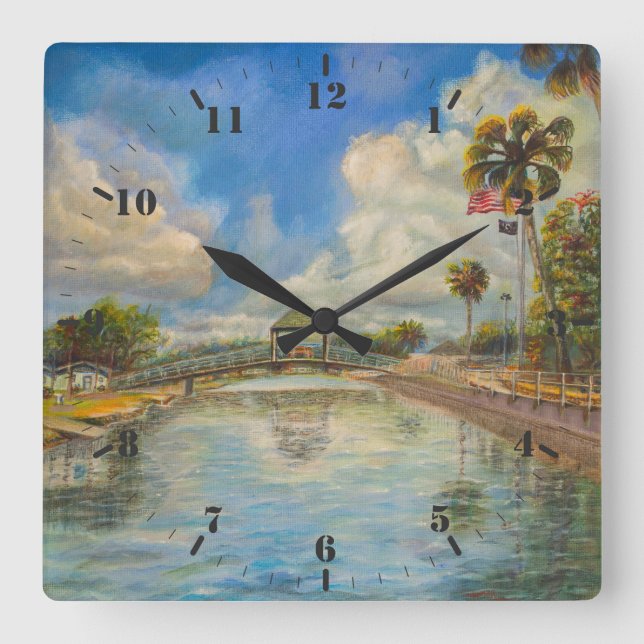 Aussicht auf die Wanderbrücke vom See Quadratische Wanduhr (Vorderseite)
