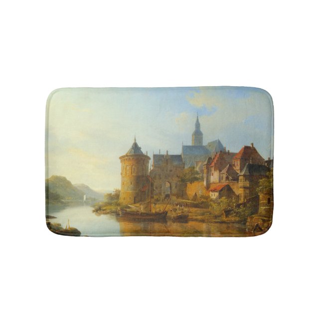 Aussicht auf eine holländische Stadt am Rhein Badematte (Vorderseite)