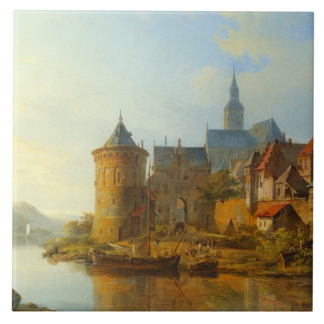 Aussicht auf eine holländische Stadt am Rhein Fliese (Vorderseite)