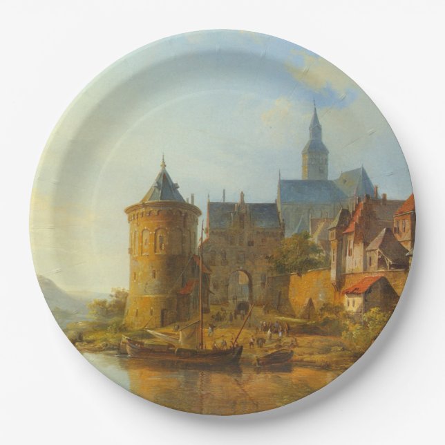 Aussicht auf eine holländische Stadt am Rhein Pappteller (Vorderseite)