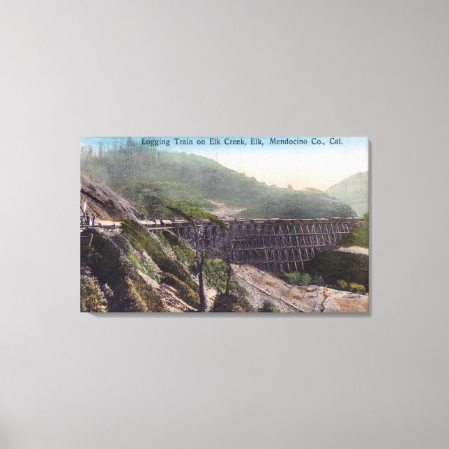 Aussicht auf einen Logging-Zug über die Elk-Creek- Leinwanddruck (Vorderseite)