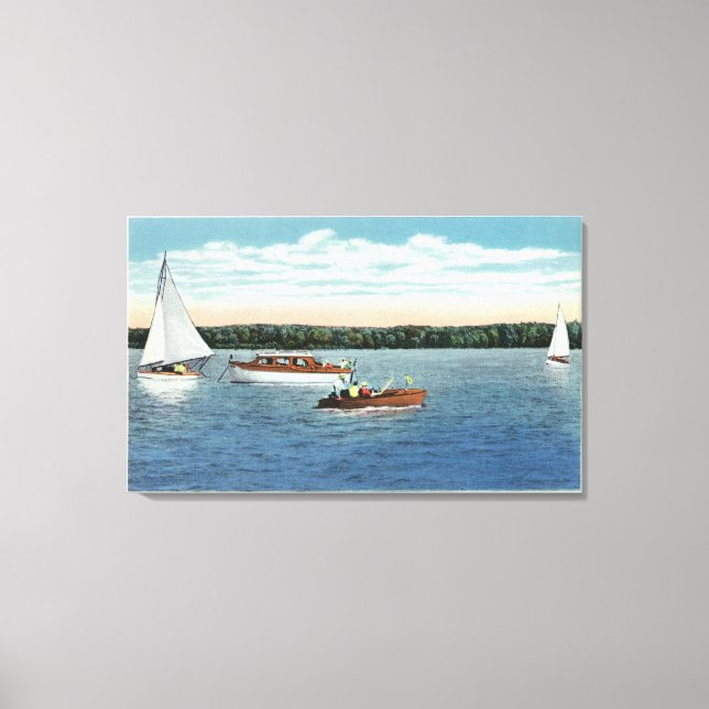 Aussicht auf Segel- und Motorboote am Owasco See Leinwanddruck (Vorderseite)